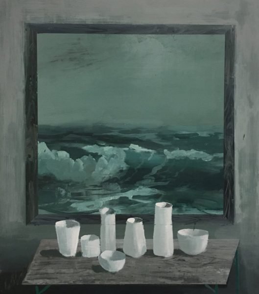 A painting of a group of white vases on a table in front of a painting of waves