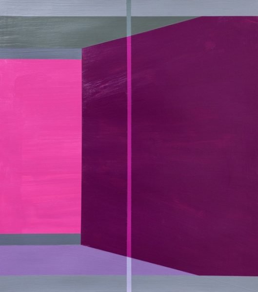 An abstract painting of blocks of pink, grey, and purple