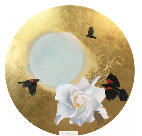 A circular oil painting with flowers and black birds, made with gold leaf