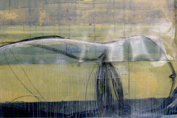 A painting of a whale's tale on top of an abstract backgound