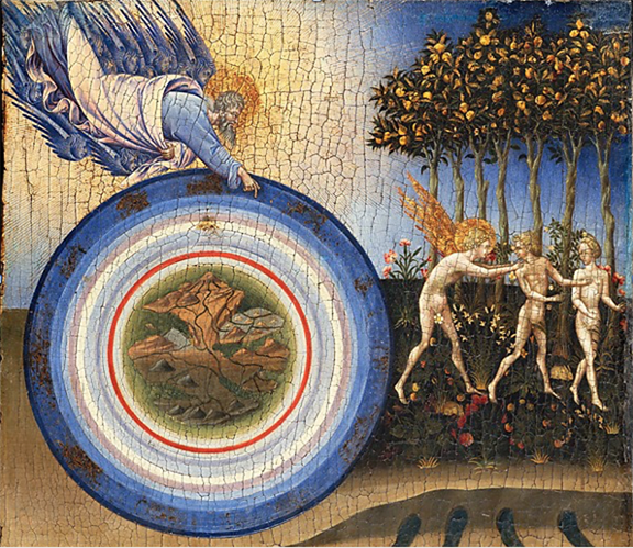 A fifteenth century painting representing the creation of the world and the expulsion from paradise