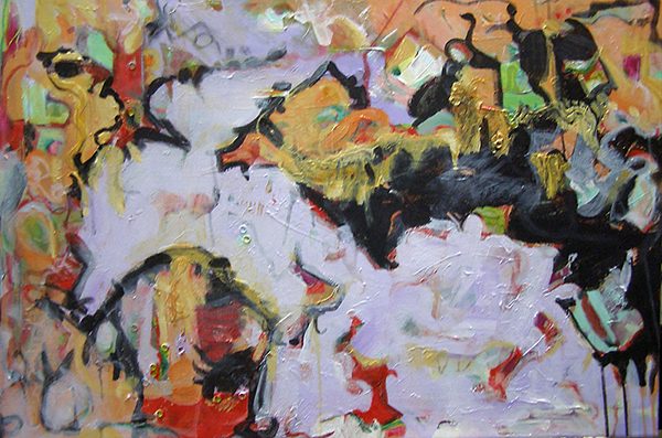 Abstract acrylic oil painting resembling a jumping dog