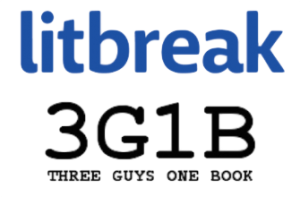 Logos for litbreak and Three Guys One Book