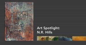 A collograph with grey and orange tones by N.R. Hills