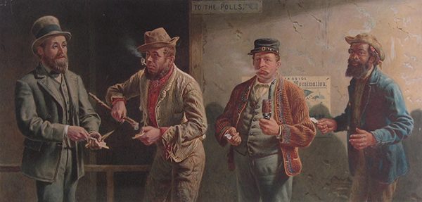 A painting of four men waiting in line at a polling station