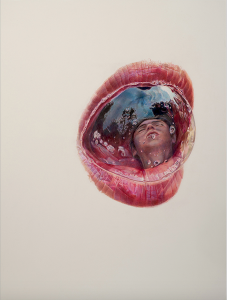 An abstract pencil drawing of a face inside a spit bubble coming from a pair of lips