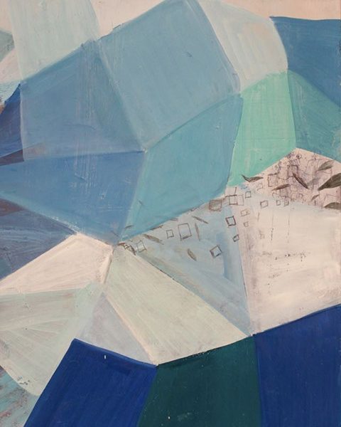 Oil painting including geometric blocks of different shades of blue