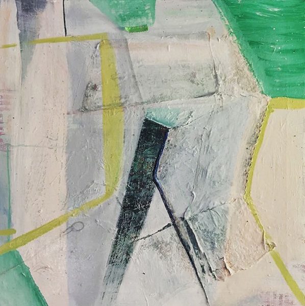 Abstract oil and mixed media painting with green, white, yellow, and black