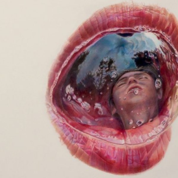 An abstract pencil drawing of a face inside a spit bubble coming from a pair of lips