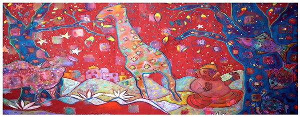 A painting of a giraffe among trees and other creatures