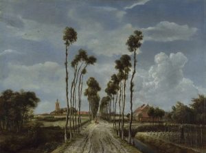 A picture of a road with tall, crooked palm trees lining each side