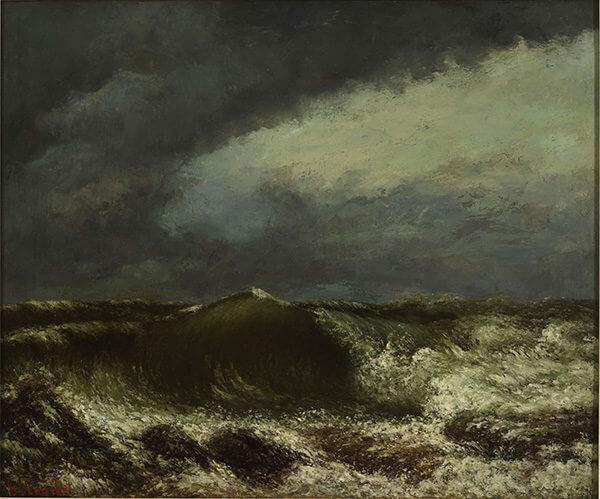 A dark landscape painting of a wave at sea