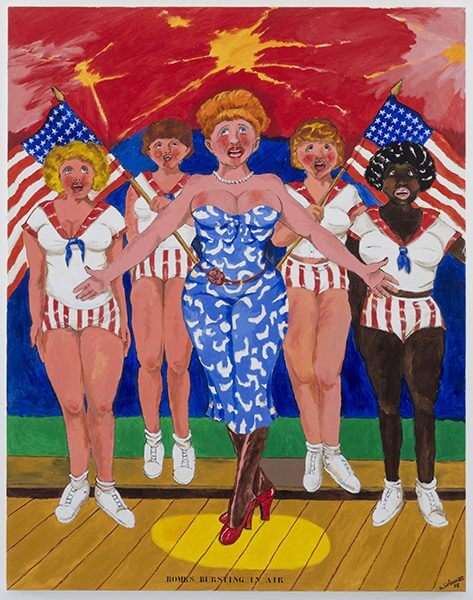 Five women sing the national anthem in front of fireworks in a painting