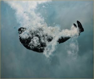 A hyper realistic painting of a man in a suit right after jumping in to a pool