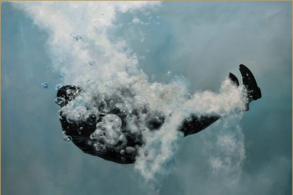 A hyper realistic painting of a man in a suit right after jumping in to a pool