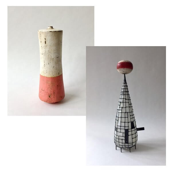 Small mixed media sculptures in eclectic colors and shapes