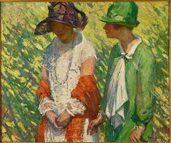 A 1926 painting of two women walking and talking in a park