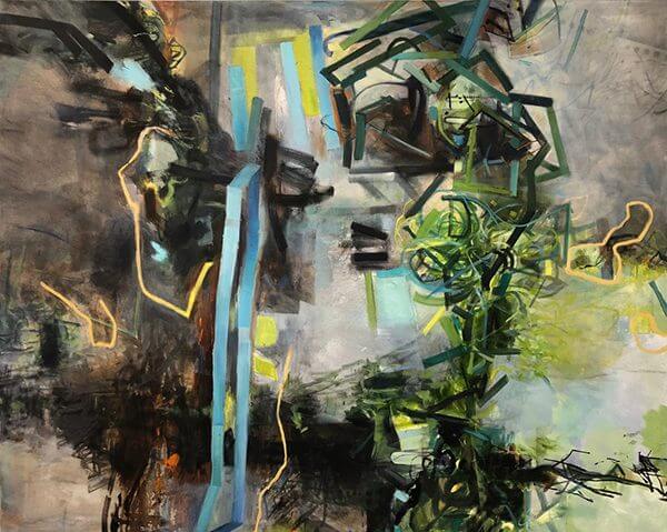 An abstract black, grey, green, and blue painting