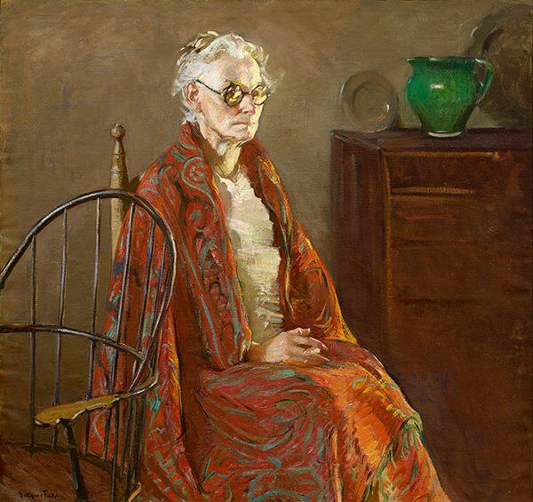 A 1926 painting of an old woman sitting at a chair in front of a dresser