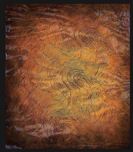 An abstract painting with shades of brown, yellow, and orange, with fine black lines