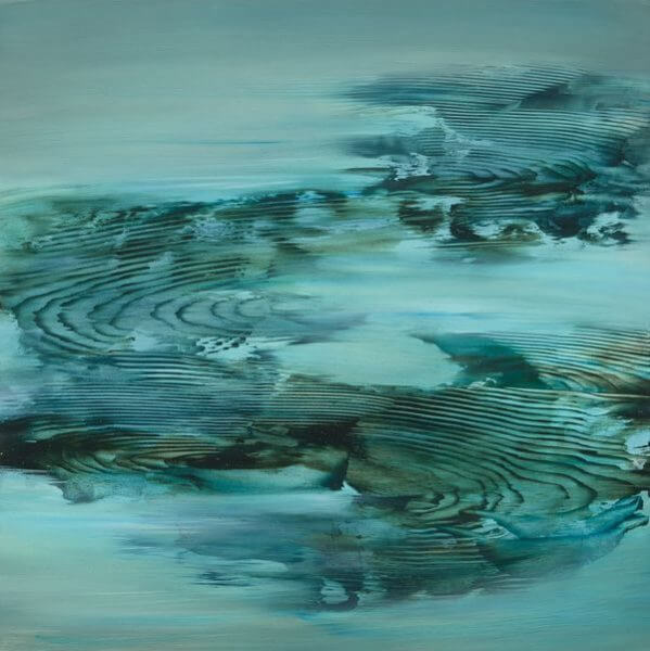 An abstract painting of different layers of a teal landscape