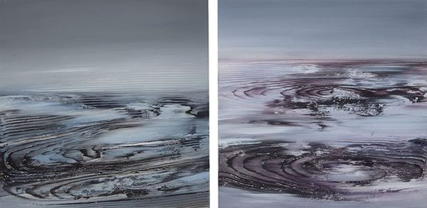 Abstract paintings of layered landscapes on cool tones