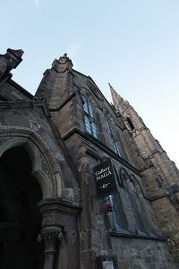 The exterior of a church where an art gallery resides