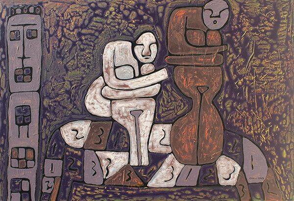 An abstract painting of two figures sitting on a bench