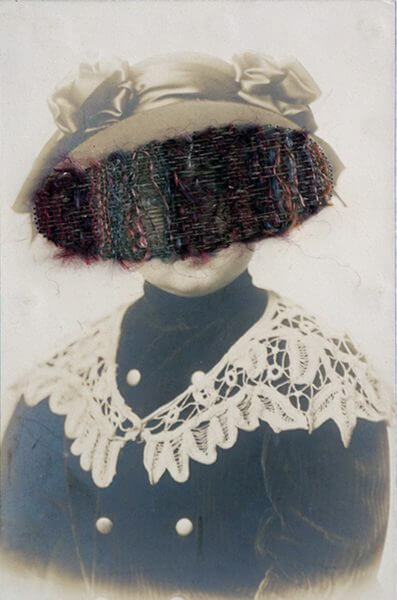 A vintage child portrait, with the child's face covered by colorful fabric