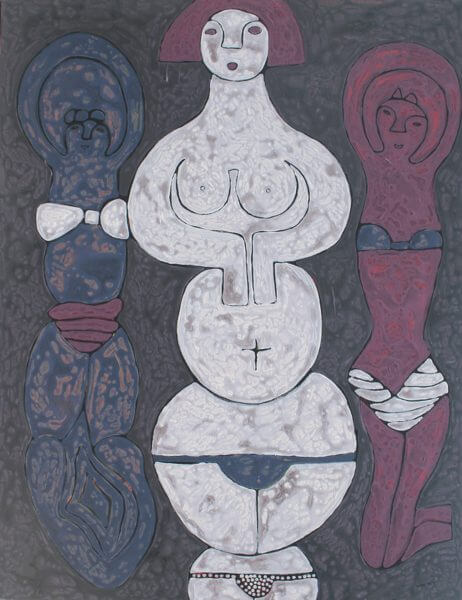 A painting of three abstract belly dancers