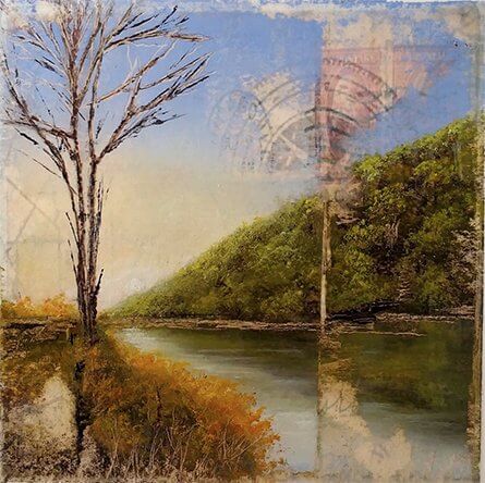 An oil landscape painted on an old map