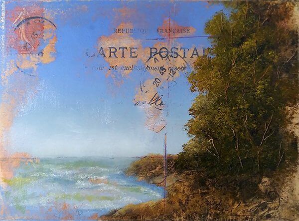 An oil painting of a coast line painted on an old postcard