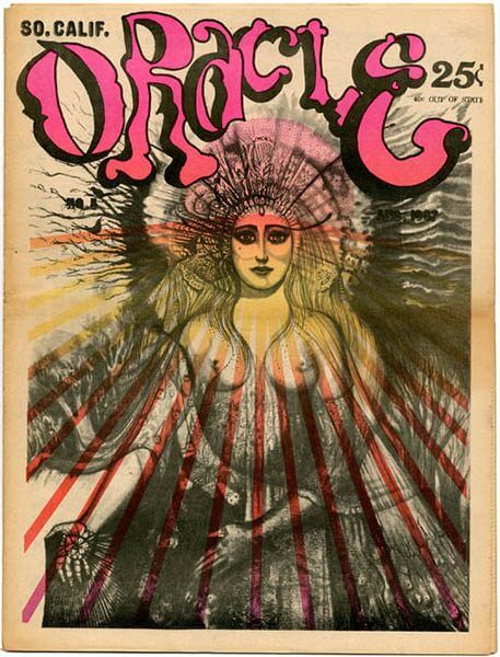 The cover of a magazine called Oracle, with a drawing of a naked woman wearing a headpiece on the cover