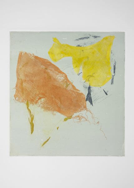 An abstract color etching with blocks of orange and yellow