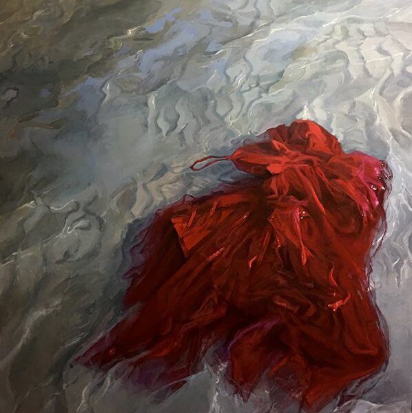 painting of a red dress in water by Jean Sbarra Jones