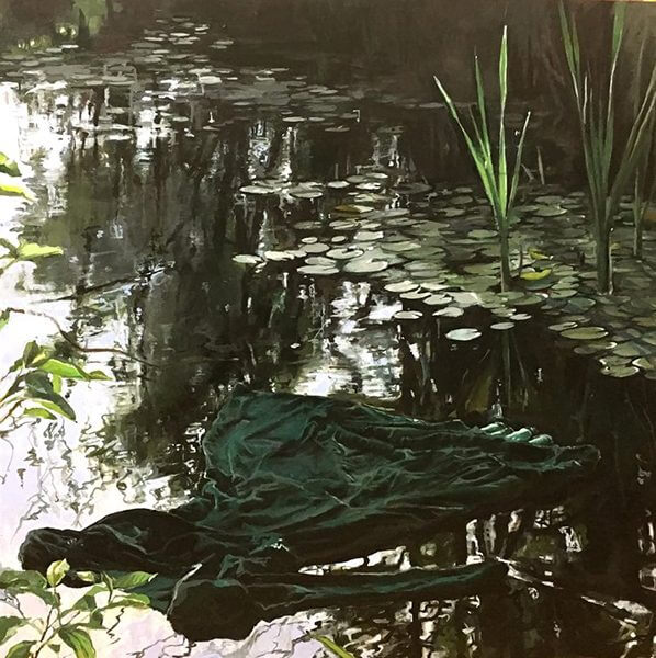 Painting of a green dress in a pond by Jean Sbarra Jones