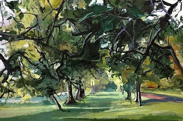 A painting of a park, with trees and greenery. By Jean Sbarra Jones