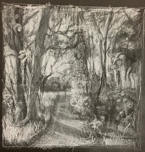 A black-and-white drawing of natural scenery by Jean Sbarra Jones