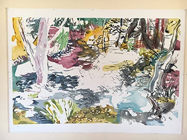 A drawing of a creek running through the woods