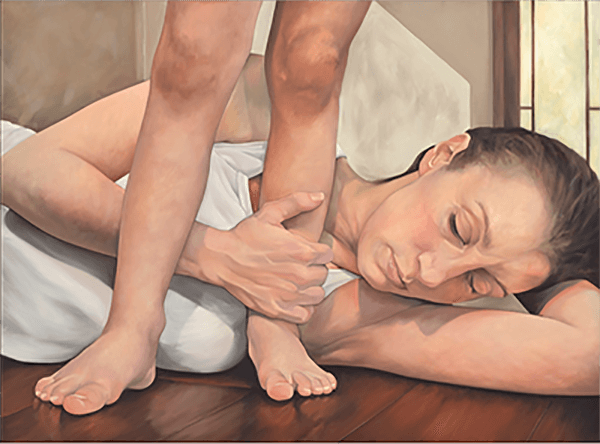 A painting of a woman laying down, holding the legs of a child
