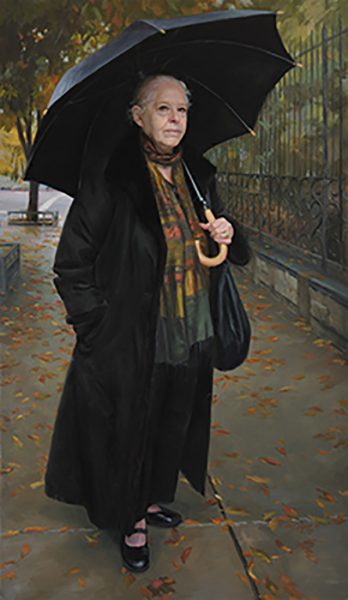 A painting of a woman in black standing by a park with an umbrella