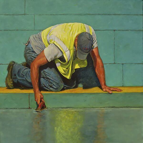 A painting of a worker smoothing cement on a street