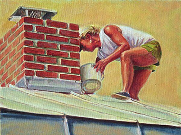 A painting of a woman doing tiling work on a roof