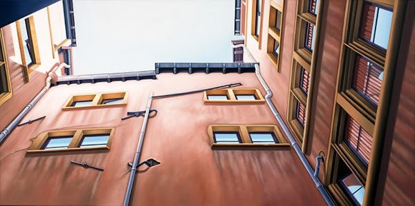 Painting of the interior of an apartment building from the courtyard