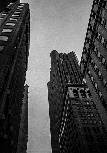 Black and white photograph of skyscrapers in downtown San Francisco