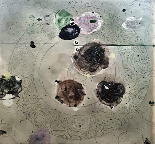 An oil painting of colored spheres on top of a drawing with thin black lines