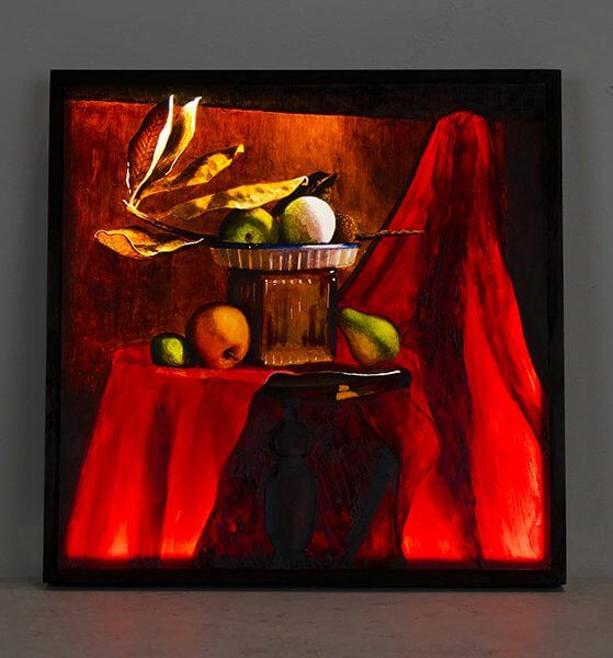 Still life painting of fruit on a table with a red tablecloth