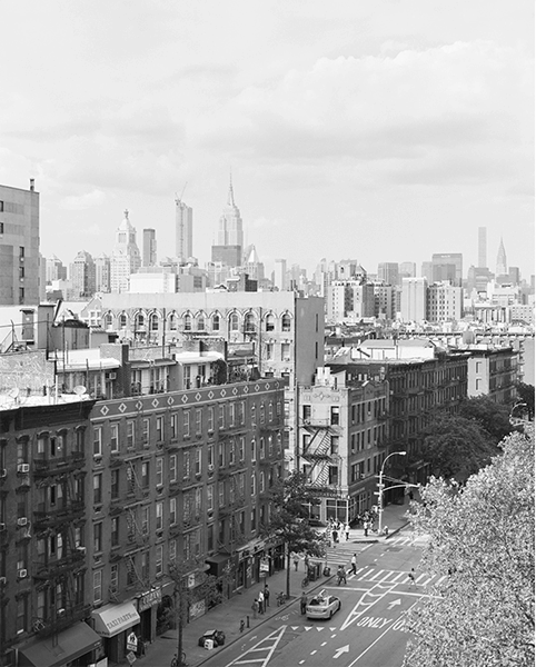 Black and white photograph of the New York City skyline