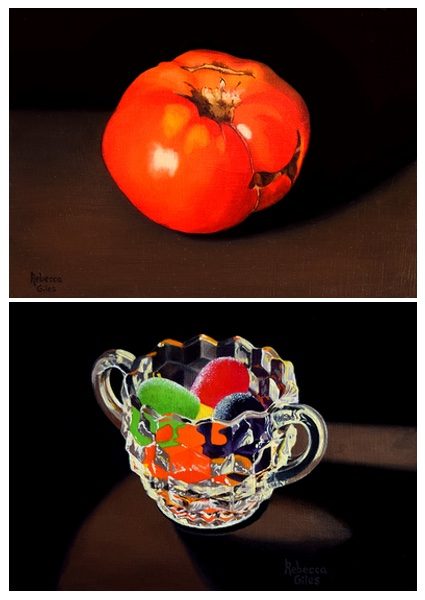 Still life paintings of a glowing tomato, and a sugar bowl holding gumdrops