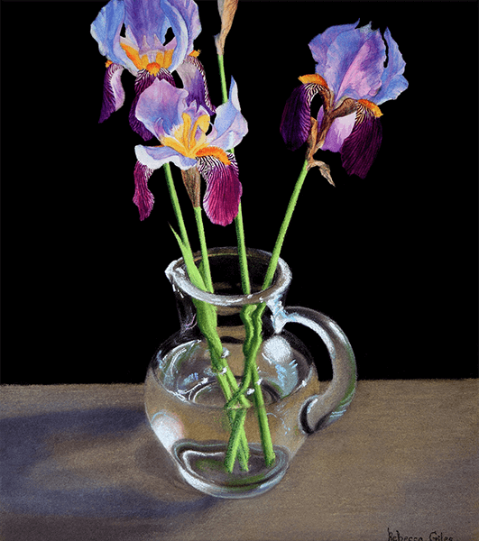 Still life painting of irises in a glass pitcher